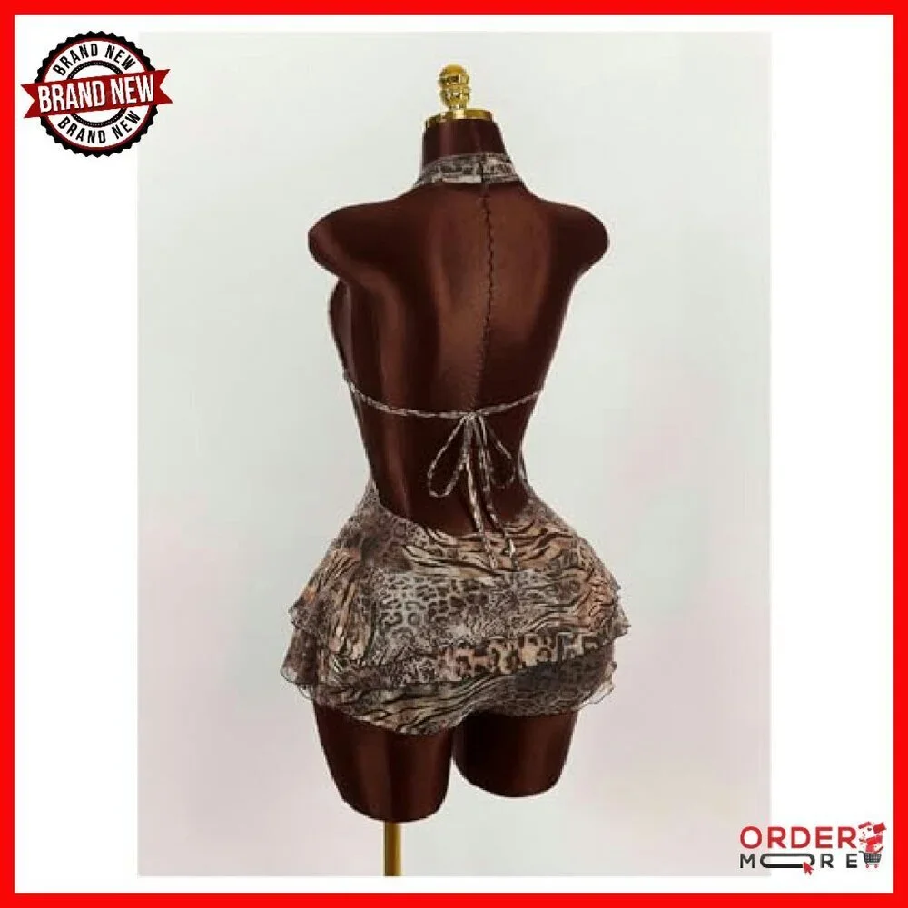 Y2K Leopard Print Halter Romper Backless Sleeveless Ruffle One Piece